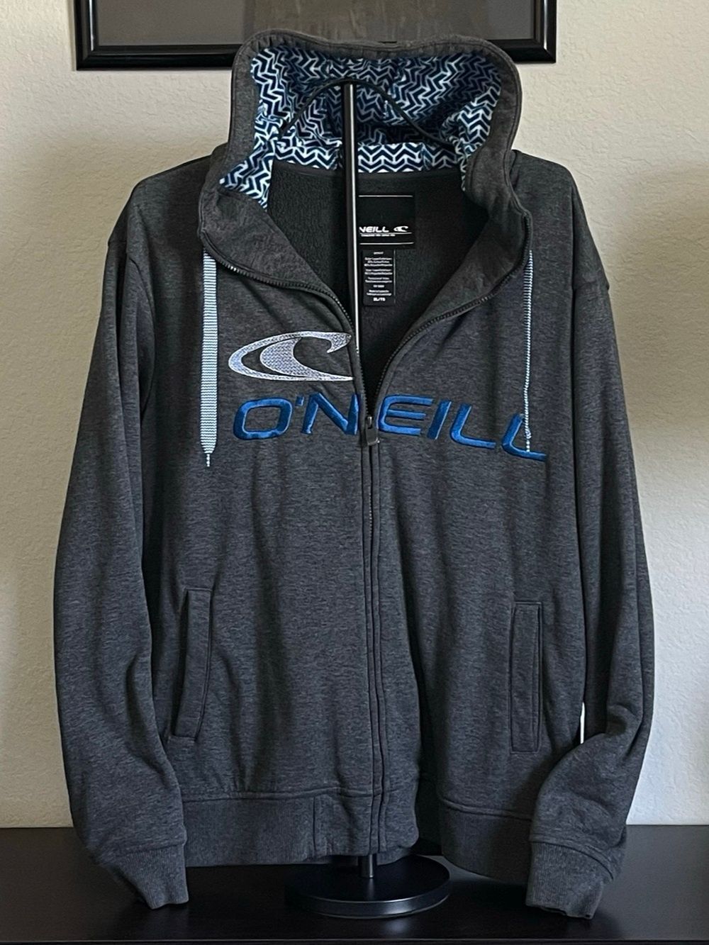 O'Neill Men's Heavyweight Zip Hoodie Grey Geometric Fleece Lined Y2K Skate Surf